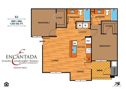 Encantada Canyon Trails floor plan of an apartment with 2 bedrooms and a living room